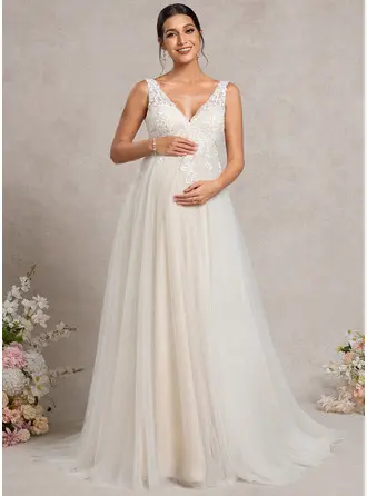 Kjole med A-linje V-hals Court-slæb Tyl Blonder Graviditetskjoler 