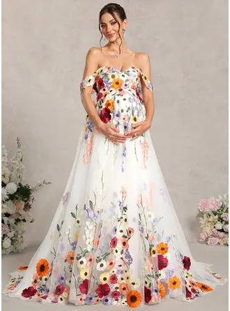 Vestido premamá línea a multiposición con hombros descubiertos sin tirantes de encaje