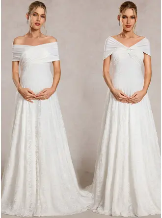 A-line Off the Shoulder Sweep Train Jersey Maternity Dresses With Pleated