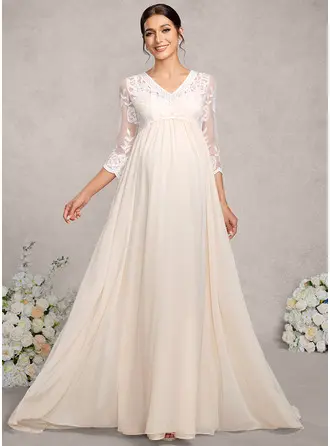 Kjole med A-linje V-hals Sweep/Brush train Blonder Chiffon Graviditetskjoler 