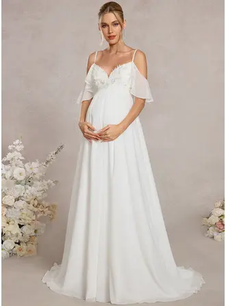 A-line Cold Shoulder Sweep Train Lace Maternity Dresses With Ruffle