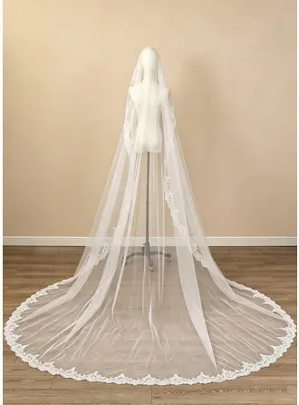 Borda de renda uma camada mantilha véu catedral 300 cm véus de noiva