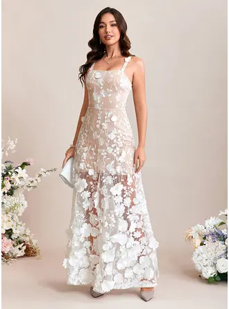 Flower Embroidered Square Sleeveless A-line Lace Maxi Dress 