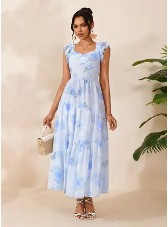 Floral Print Smocked Sweetheart Flutter Sleeve A-line Chiffon Midi Dress 