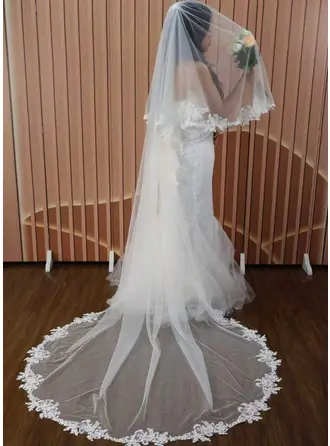 Lace Edge Two Tier Bridal Cathedral Length 98" Wedding Veils With Blusher