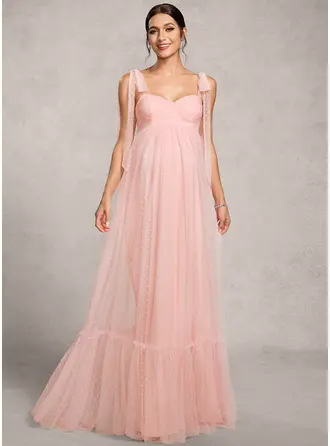 Kjole med A-linje Sweetheart Gulvlængde Tyl Graviditetskjoler med Sløjfe 