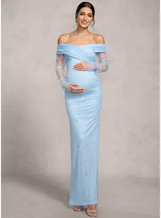 Skede Off-shoulder Gulvlængde Tyl Paillet Graviditetskjoler med Plisseret 