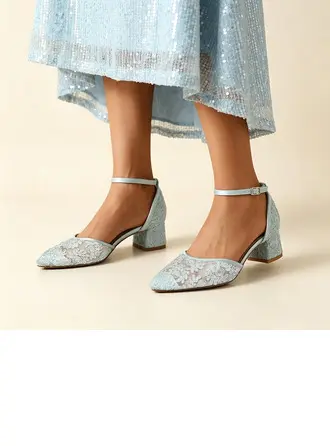 Mulher sapatos de casamento renda salto grosso biqueira pontiaguda sapatos de salto de noiva elegante casamento sapatos