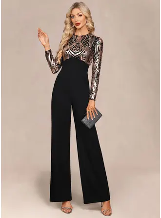 Scoop Long Sleeve Jumpsuits Stretch Crepe Sequin Maxi Dress 