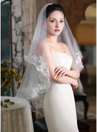 Perlen Spitze Bleistiftkante Zweistufig Hochzeit Kurzer Schleier 80 cm Brautschleier Mit Gesichtsteil 