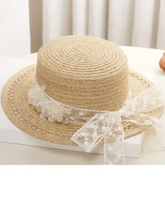 Women's Flat Brim Summer Bow Raffia Straw Tea Party Boater
