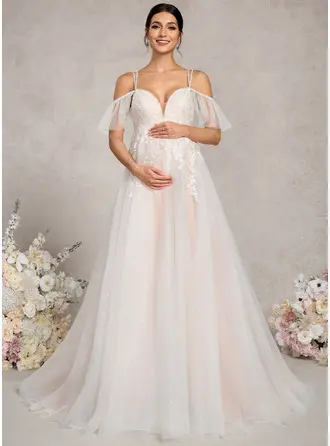 Kjole med A-linje Kolde skulder V-hals Sweep/Brush train Blonder Tyl Graviditetskjoler med pailletter Perlebesat 