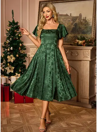 Jacquard Square Short Sleeve A-line Satin Midi Dress 