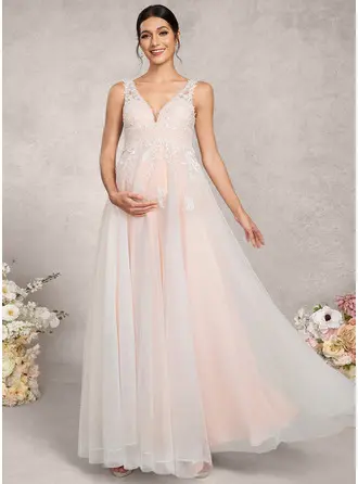 Kjole med A-linje V-hals Gulvlængde Tyl Blonder Graviditetskjoler 