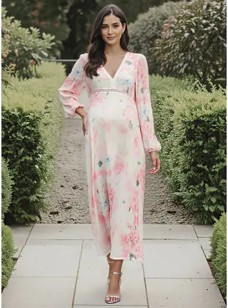 Línea a escote en v hasta la tibia vestido premamá con estampado flor 