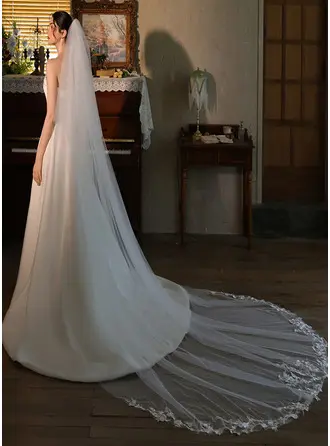 Floral Lace Two Tier Bridal Cathedral Length 118" Wedding Veils With Blusher 