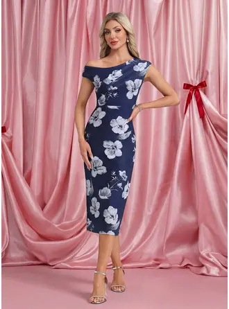 Со сборками Одно плечо Шапка рукава ножны Спандекс миди Модные платья 