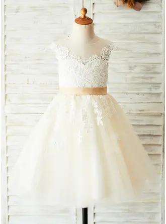 A-Line Knee-length Flower Girl Dress - Satin/Tulle/Lace Sleeveless Scoop Neck With Appliques/V Back (Undetachable sash) 
