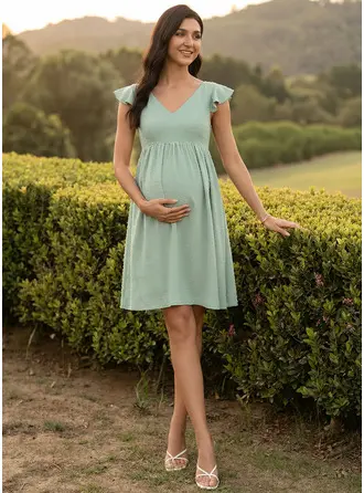 A-линии V шеи Длина до колен хлопок с Лук Рябь 