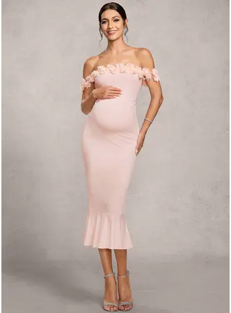 Trompet/Havfrue Off-shoulder Te-længde Jersey Graviditetskjoler med 3D blomster 