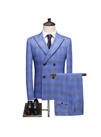 Plaid 3 Piece Double Breasted Men's Casual Suit 