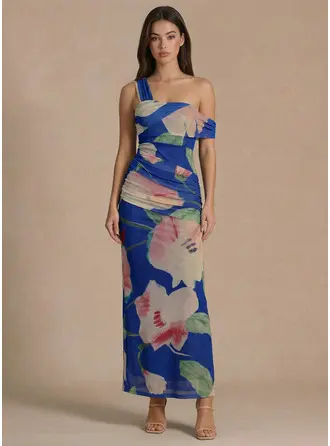 Une épaule sans manches imprimé fleur robe