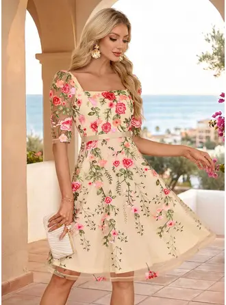 Flores 3d renda midi vestido