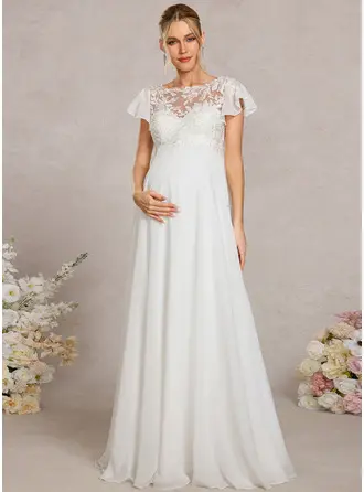 A-line Boat Neck Floor-Length Lace Maternity Dresses With Sequins