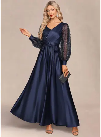 V-Neck Long Sleeve A-line Satin Tulle Sequin Maxi Dress 