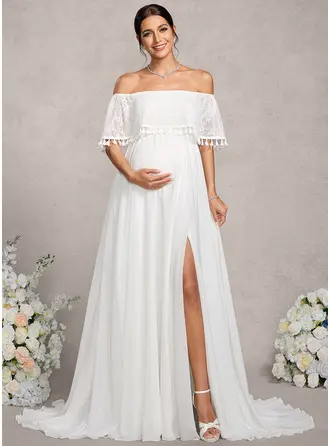 Kjole med A-linje Off-shoulder Sweep/Brush train Blonder Chiffon Graviditetskjoler 