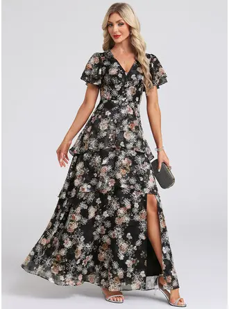 Ниспадающие оборки Со сборками V шеи A-линии Printed Fabric Макси Модные платья 