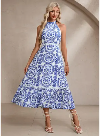 Blumenmuster Neckholder Ärmellos A-Linien-Kleid Kunstseide Midi Kleid 