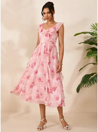 Cascading Ruffles Floral Print Sweetheart Flutter Sleeve A-line Chiffon Midi Dress 