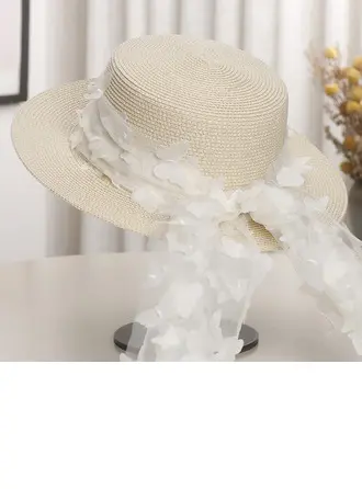 Women's Flat Brim Summer Bow Paper Straw Tea Party Sun Hats