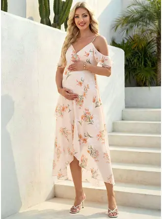 Cold shoulder Blomtryck Chiffong Gravid Midi Klänning