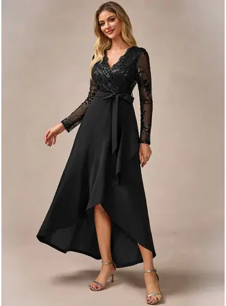 Sequins V-Neck Long Sleeve A-line Stretch Crepe Sequin Asymmetrical Maxi Dress 