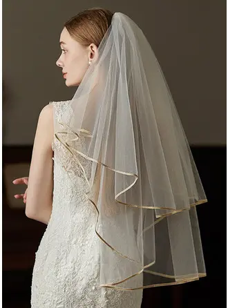 Schlicht Satinkante Zweistufig Hochzeit Fingerspitzen-Schleier 85 cm Brautschleier Mit Gesichtsteil 