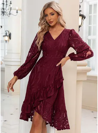 Volantes escote en v manga larga línea a encaje midi vestido 