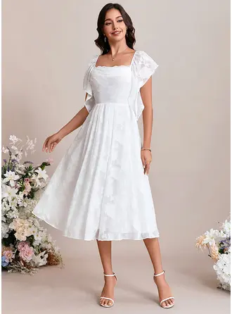 Jacquard Cowl Flutter Sleeve A-line Chiffon Midi Dress 