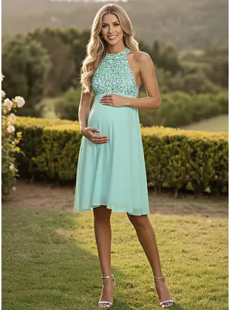 Línea a cuello halter hasta la rodilla vestido premamá con lazo 