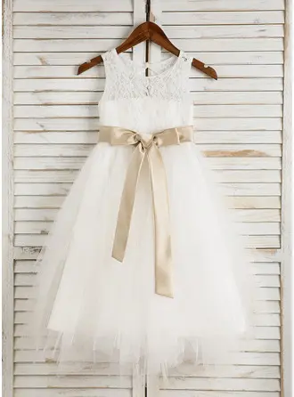 A-Line/Princess Tea-length Flower Girl Dress - Satin/Tulle/Lace Sleeveless Scoop Neck With Sash/Bow(s)/Back Hole 