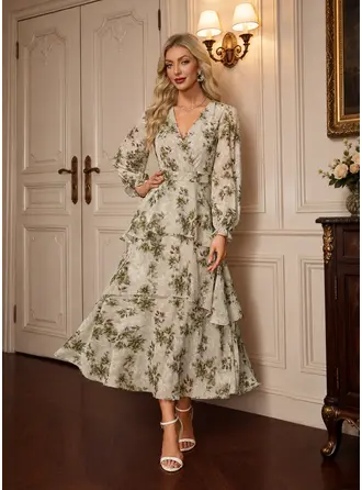 Ruffles kaskadowe Drukowana tkanina Maxi Sukienka
