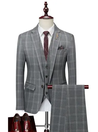 Plaid 3 stk Single Breasted Menn Avslappet Dress 
