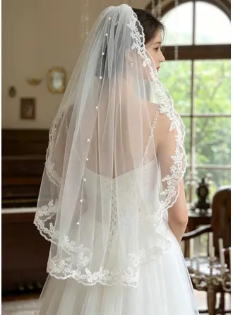 Perle Lace Edge Enkeltlag Mantilla Lengde på fingertuppene 100 cm Brudeslør