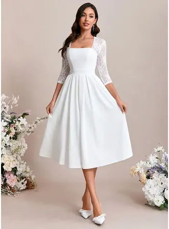 Square 3/4 Sleeve A-line Lace Stretch Crepe Midi Dress 