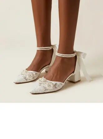 Mulher sapatos de casamento renda salto grosso biqueira pontiaguda sapatos de salto de noiva elegante pérolas casamento sapatos