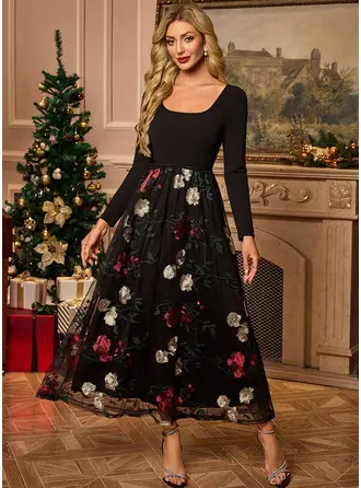 Embroidered Scoop Long Sleeve A-line Tulle Stretch Crepe Maxi Dress 