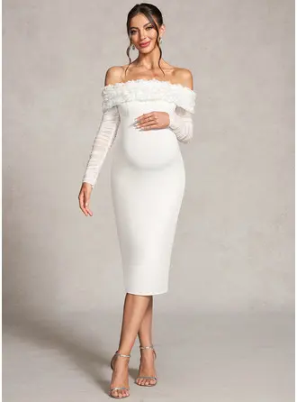 Kolumn Off-shoulder Knälång Jersey Gravidklänningar med Blommor i 3D 