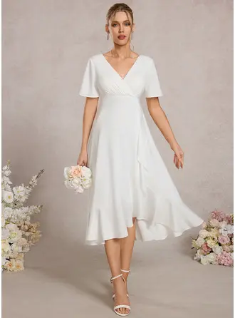 A-line V-Neck Asymmetrical Jersey Maternity Dresses With Ruffle