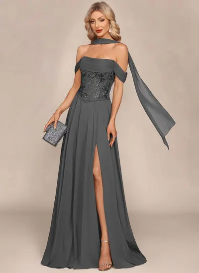 Abiti linea a fuori dalla spalla a terra pizzo chiffona abito da sera con pieghettato 